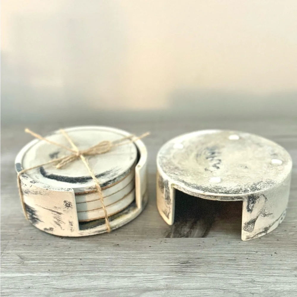 Handmade Marbled Concrete Coasters Set of 4 with holder– Waterproof, Cork-Backed